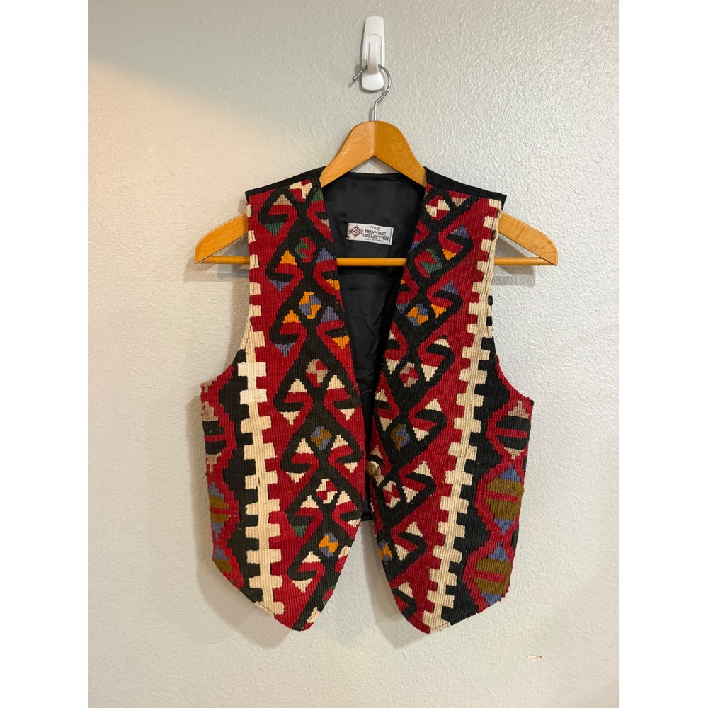 Vintage Turkish Kilim Wool Vest Aztec Boho Medium Leather Southwestern